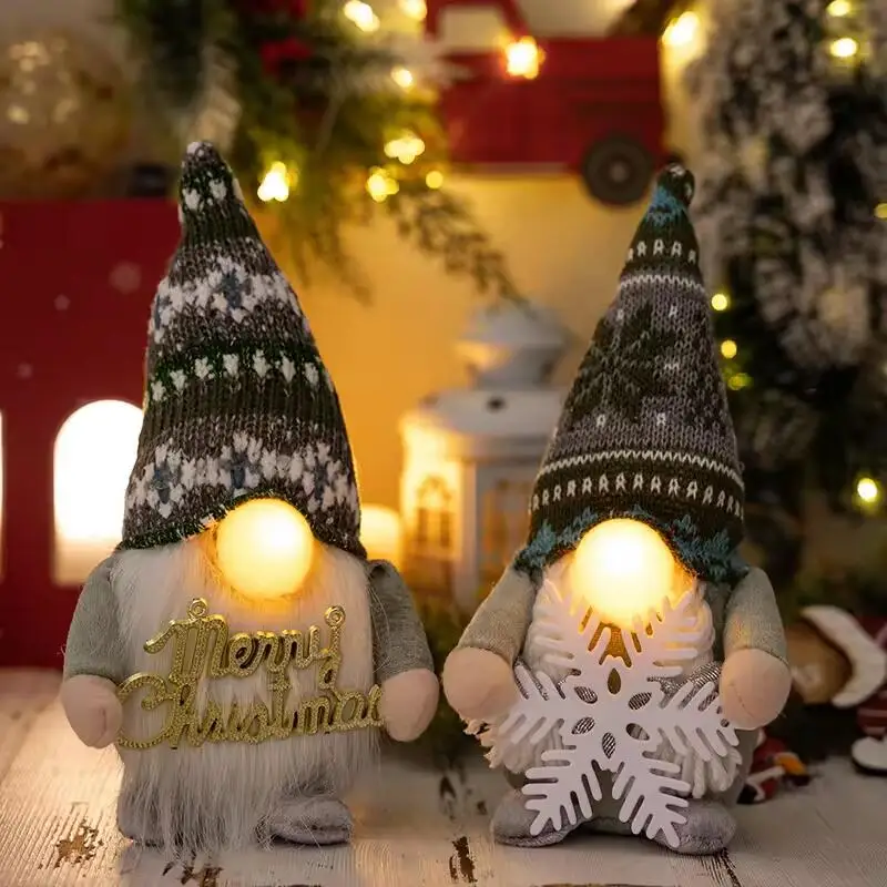Christmas Cute Gnome Doll Ornament Soft Plush Stuffed Gnome Toy Knitted Fabric Beard Dwarfs Doll New Year Glowing Gift Accessory