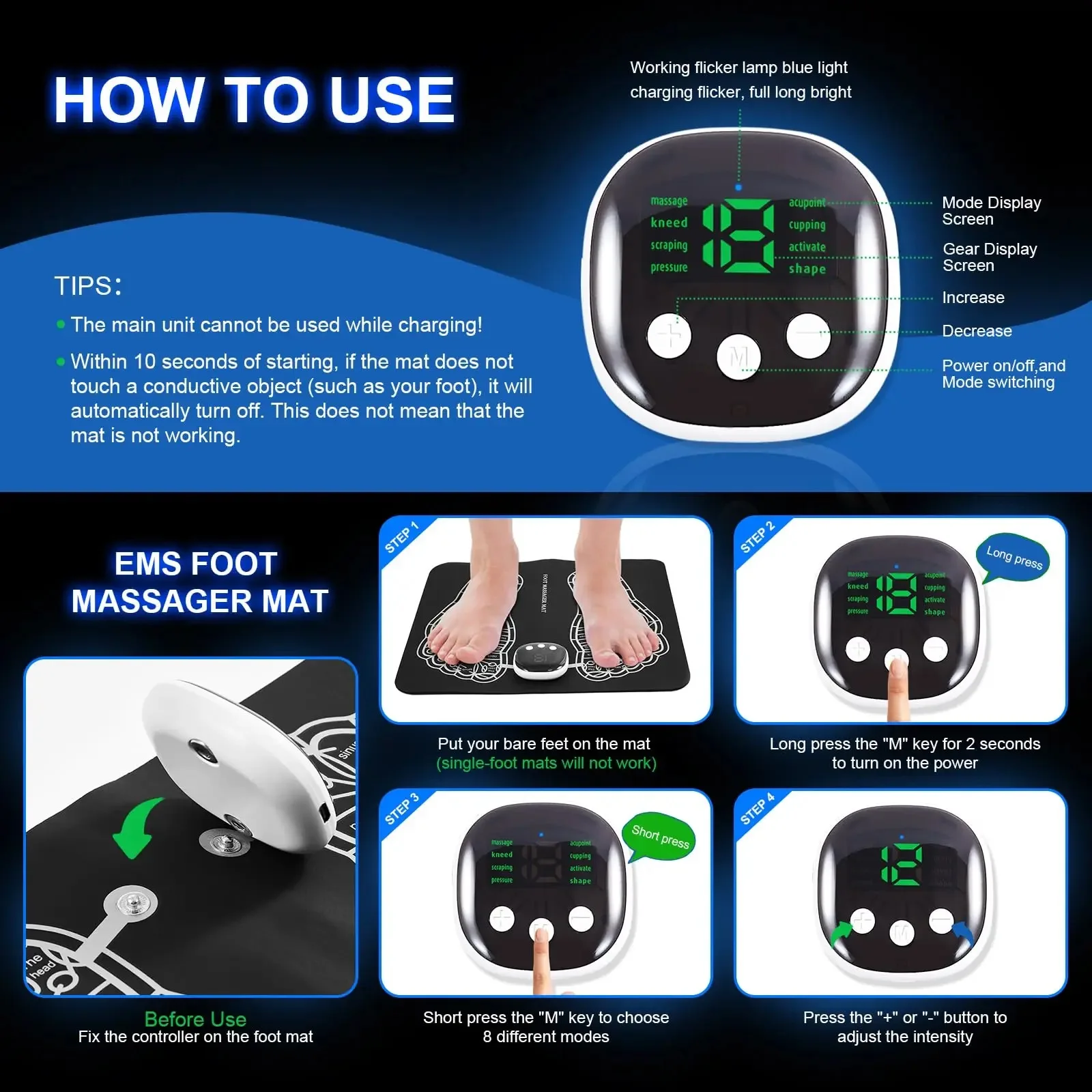 2024 Hot Sale Portable EMS Electric Tens Vibrator Portable Muscle Stimulator Ems Foot Massager Machine Foot Massage Pad