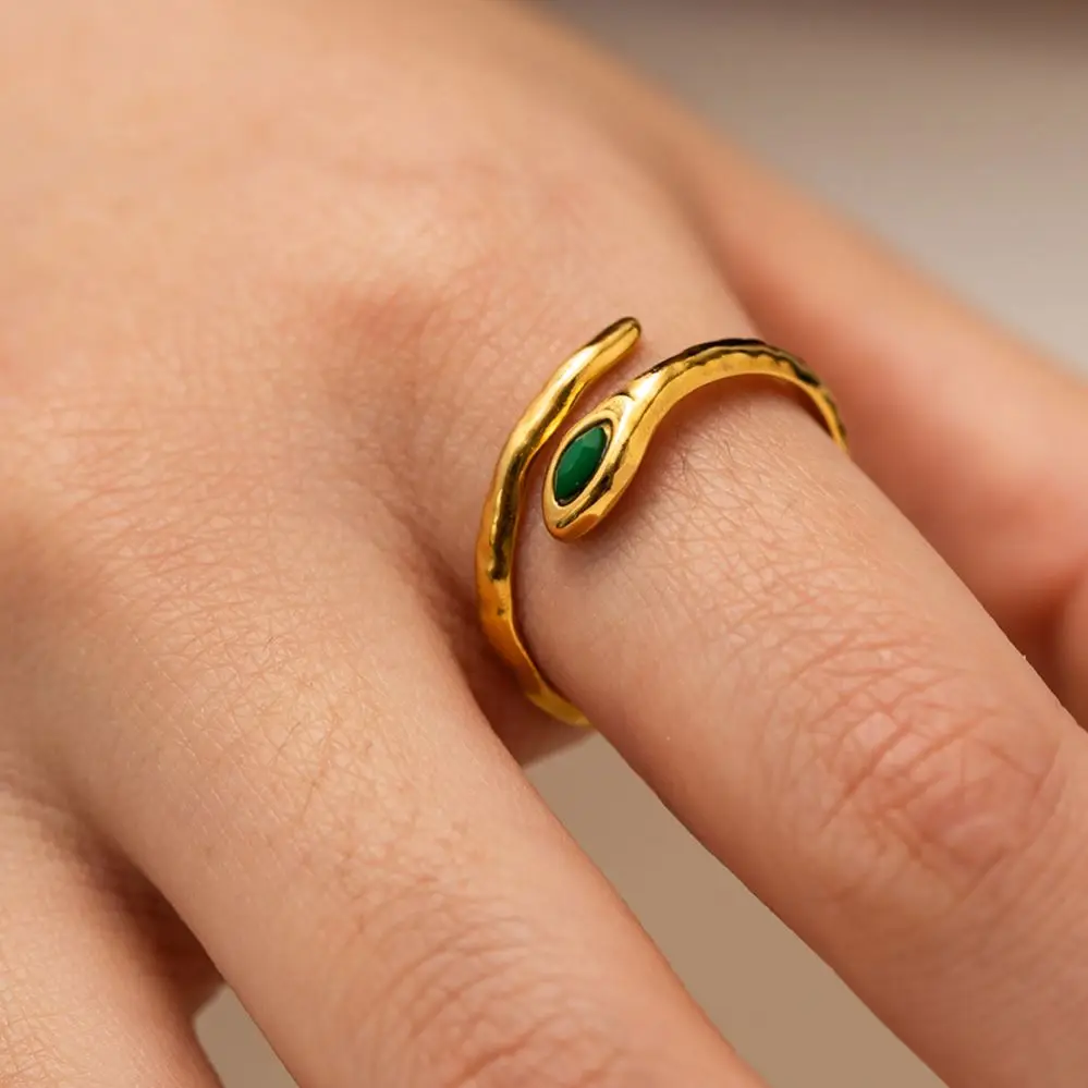 18K Gold Plated Stainless Steel  Jewelry Charm Green  Natrual Stone Snake Shaped Opening Rings