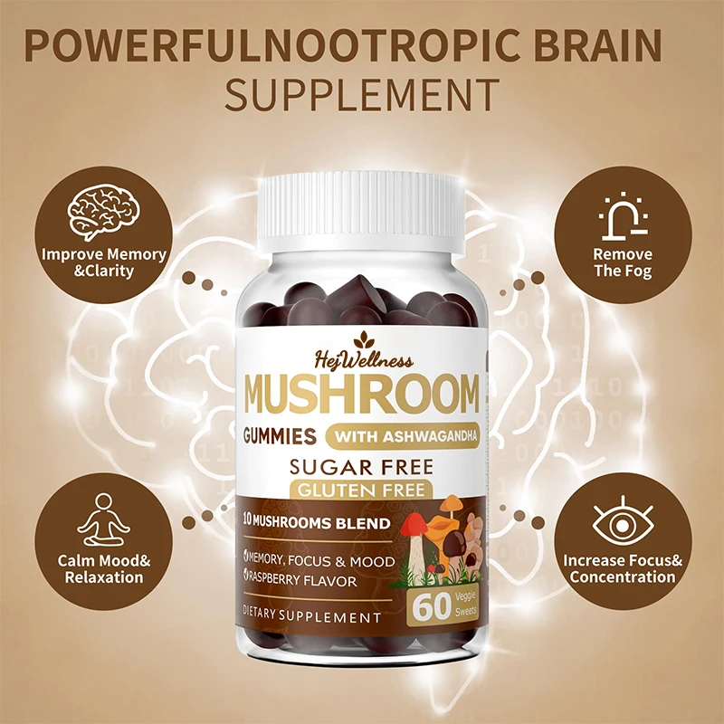 Private Label Oem Mushroom Gummies 10X Complex Mushroom Supplement Lions Mane Gummies With Ashwagandha