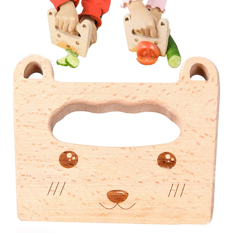Natural Eco-friendly Kitchen Cute Bear Shape Cooking Pattern Safe Fruit Vegetable Wood Knife Kids