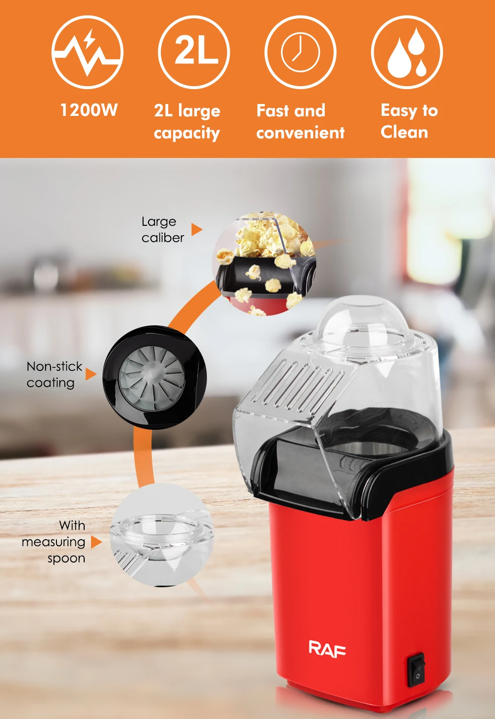 RAF 2L large capacity High Quality Mini Popcorn Machine Household Caramel Popcorn Coating popper maker With Switch Control
