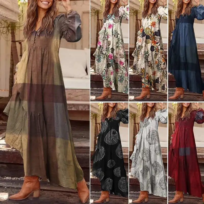 Autumn Long Sleeve Maxi Dress Women Plaid Dress 2021 Casual Summer Sundress Loose Fashion Party Robe