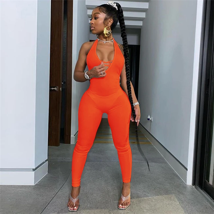 Fondpink Lowest Price Pure Color Deep V-Neck Halter Backless Women Summer Casual Long One Piece Jumpsuits