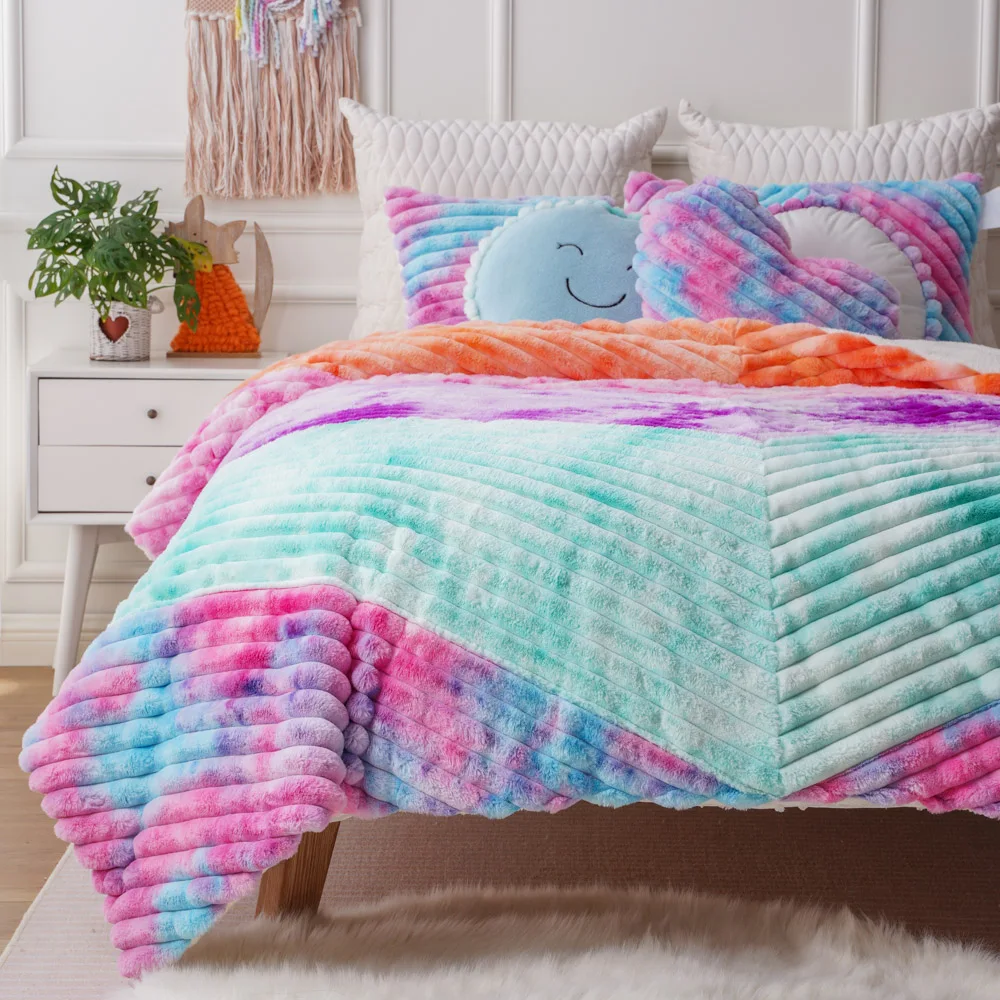 Popular Colorful Tie Dye Rainbow Printed Jacquard Stripe Double Layer Faux Fur Throw Blanket for Bedding Comforter Set