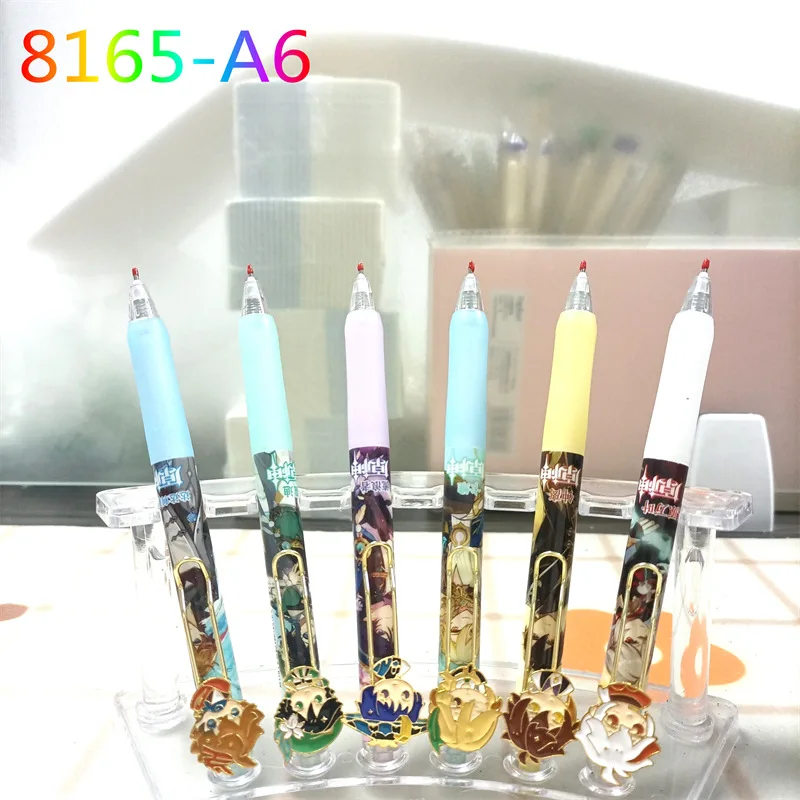 6Pcs kawaii Metal Doll Game Genshin Impact Cartoon Stationery Gel Pen Wanderer Tartaglia Barbatos Kaveh Zhongli Kaedehara Kazuha