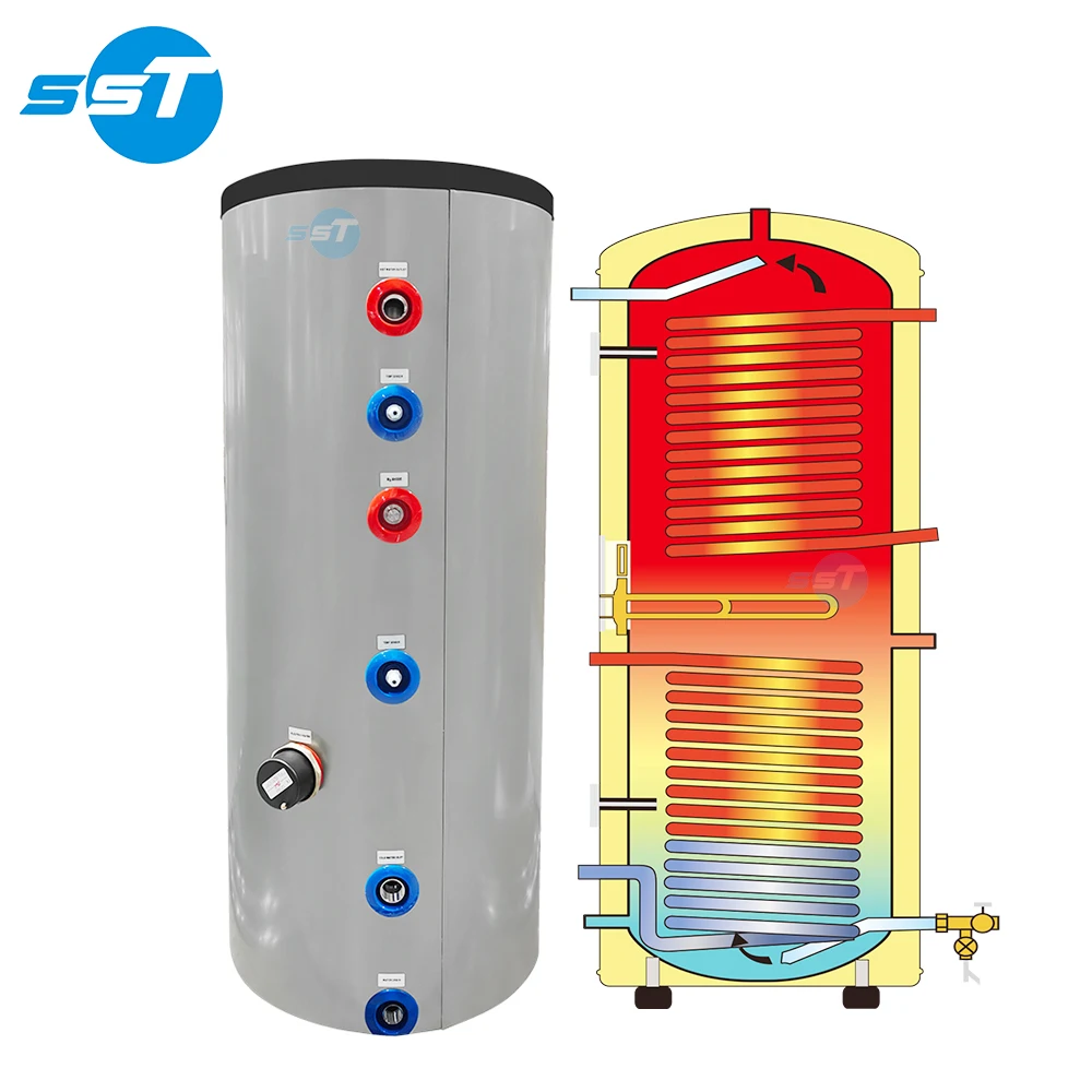 200L Stainless Heatpump Air To Water Solar Heater Water Buffer Tank Two Coils Multifunction Hot Water Tank