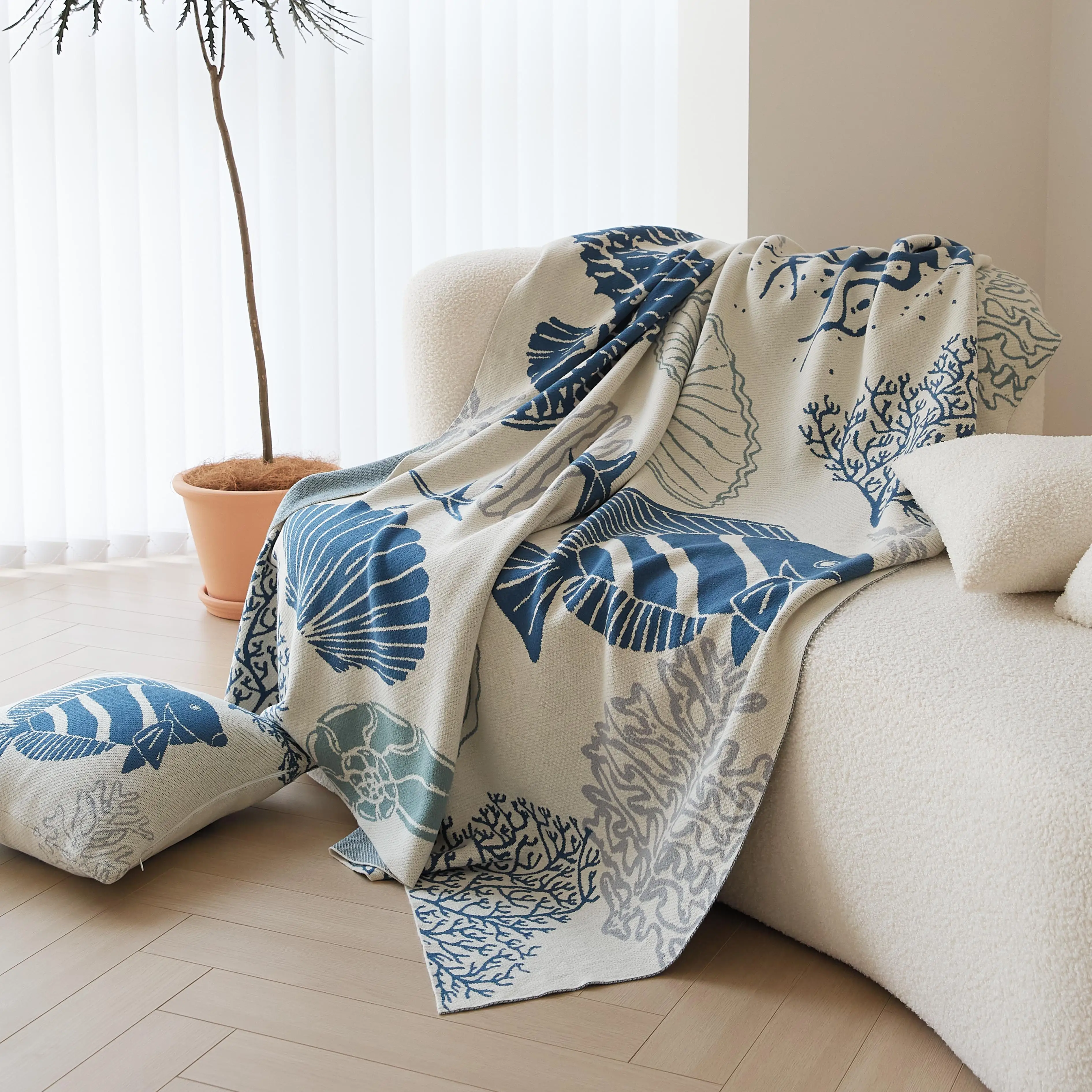 OEKO-TEX home decor cotton jacquard sofa sea world knitted throw blanket