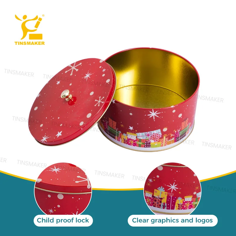 Food Printed Big Round Can Biscuit Cookie Cake Gift Metal Tinplate Toffee Candy Tin Large Plate Storage Box Screw Tin