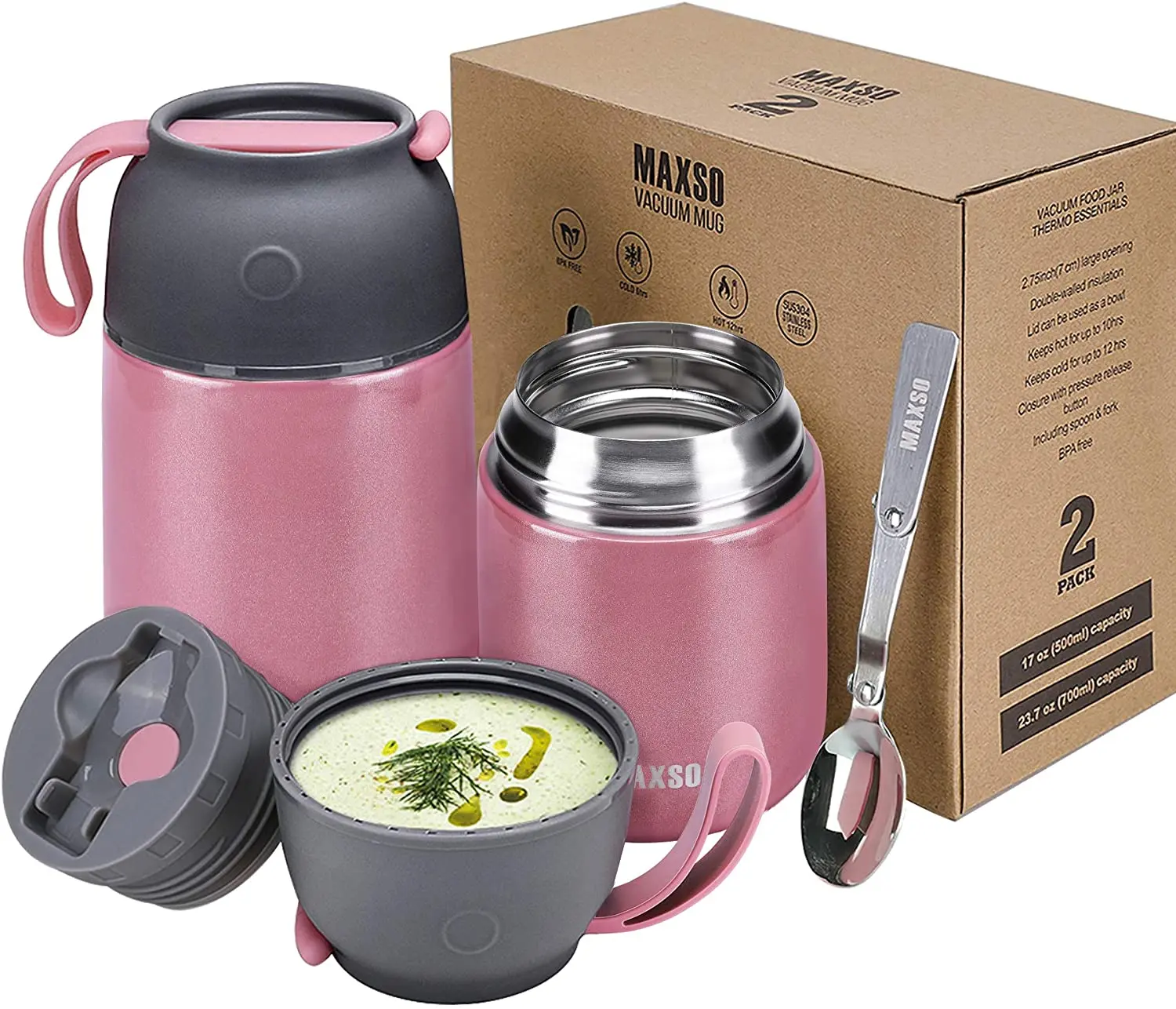 18/8 stainless steel 2 Pack Vacuum Insulated Food Jar Hot Food Containers for Lunch School Soup Thermos For Kids(17OZand24OZ)