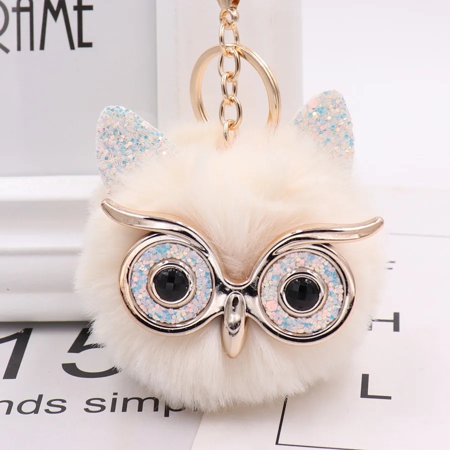 Wholesale Cute Owl Pom Fluffy Pom Plush Keychain Key Ring Faux Fur Ball For Girls Women Bag Accessory
