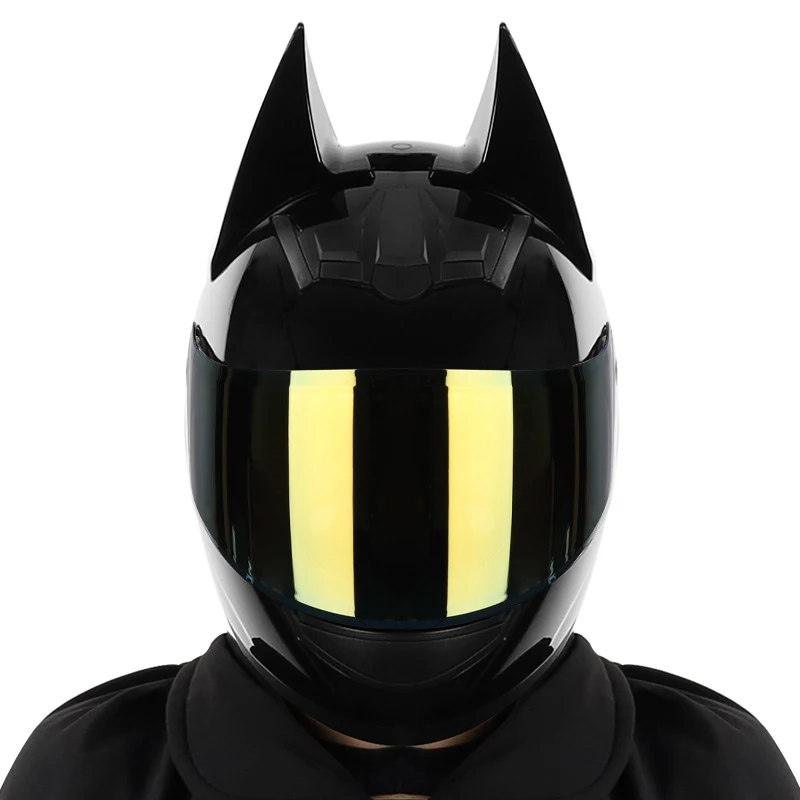 2021 Cool Fashion Bright Black Knight Full Face Motorcycle Helmet with Bat Man Horn Road Racing Helmet Casco Moto Motorbike