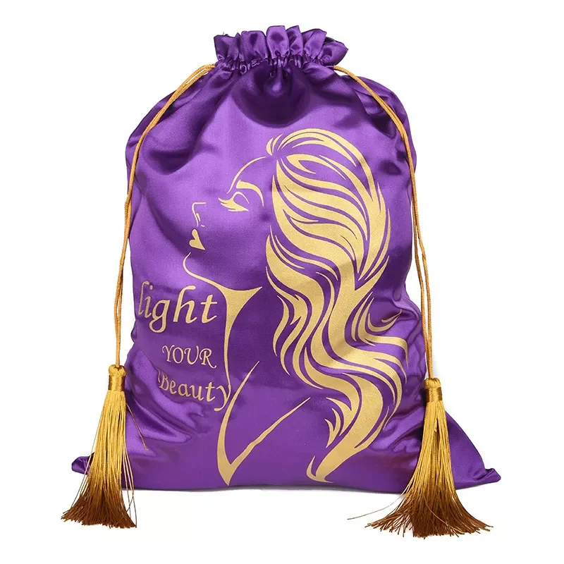 Custom satin hair bag with logo jewelry cosmetics gift silk bag hair packaging wig storage bag