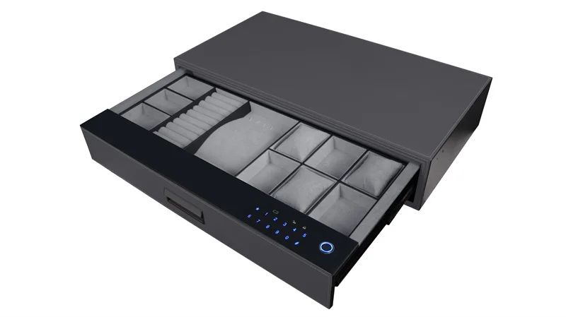 Luxury Tempered Panel Alloy Aluminum Handmade Leather Cabinet Fingerprint Smart Password Touch Lock Storage Safe Box Drawers
