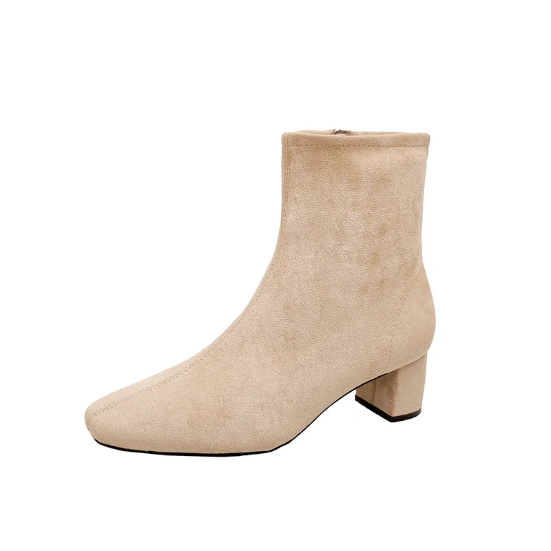 Latest Fashion Cow Suede Leather Women Ankle Chelsea Boots Side Zip up Thick Mid Heels Western Boots Winter Shoes