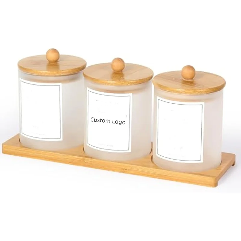 Frosted Glass Holder Apothecary Jars with Bamboo Lid Bathroom Dispenser Storage jars for Cotton Swabs Round Pads Floss