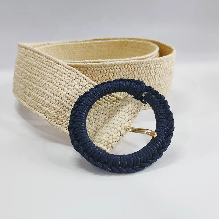 OEM Fashion PP Grass Woven Round Buckle Woven Braided Belt Waist Belts Women Ladies For Dress Accessories