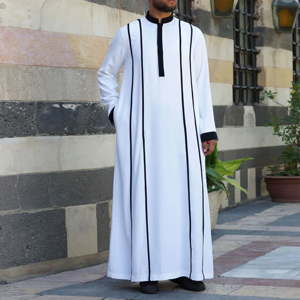 Muslim Prayer Abaya Patchwork European and American Double Stripe Man Full Length Loose T Shirts thobe men muslim