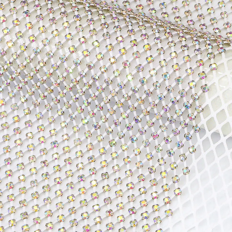 Fishnet Fabric with Shiny Crystal Rhinestones Soft Elastic Mesh Fabric Cuttable and Spliced Color Diamond Fabric