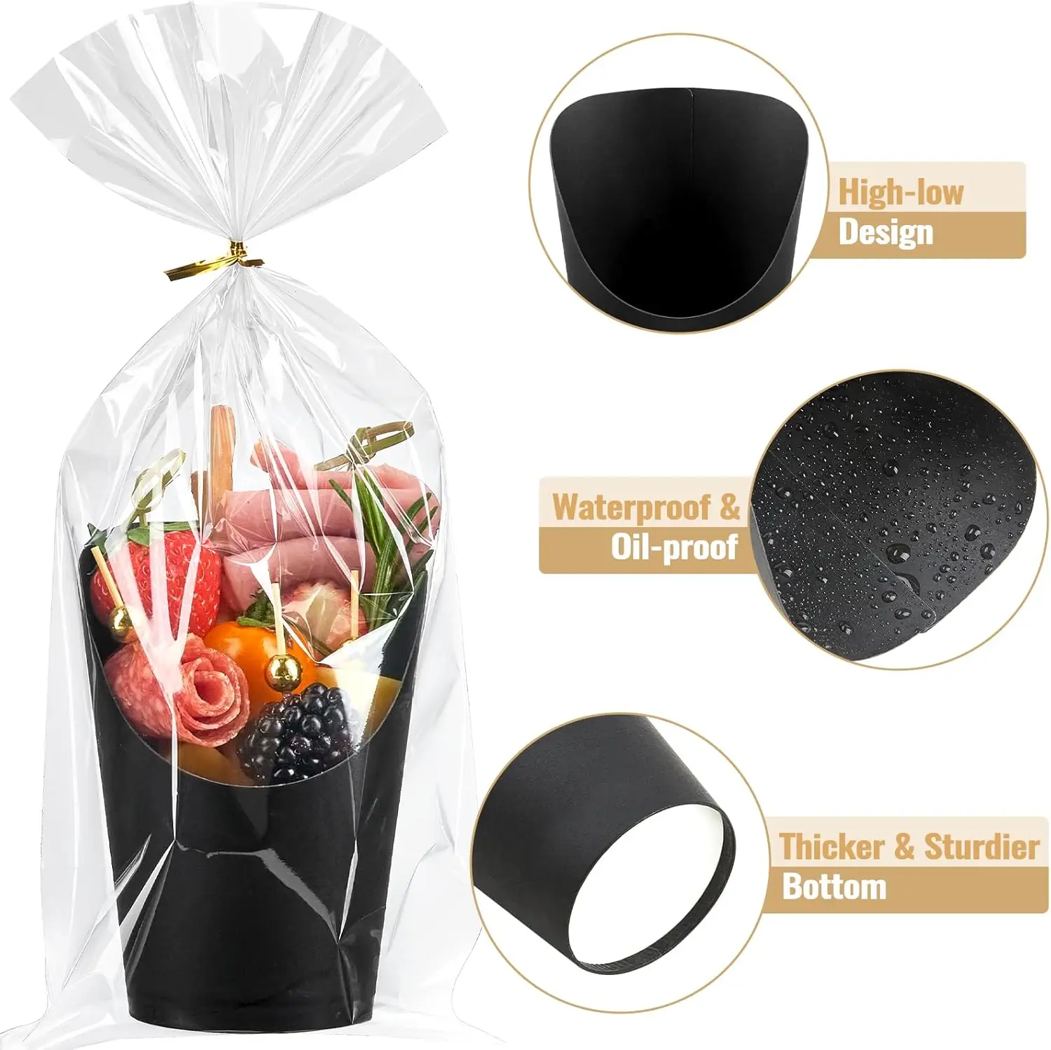 Charcuterie Cups black kraft paper cups with cocktail picks bamboo skewer cake tools