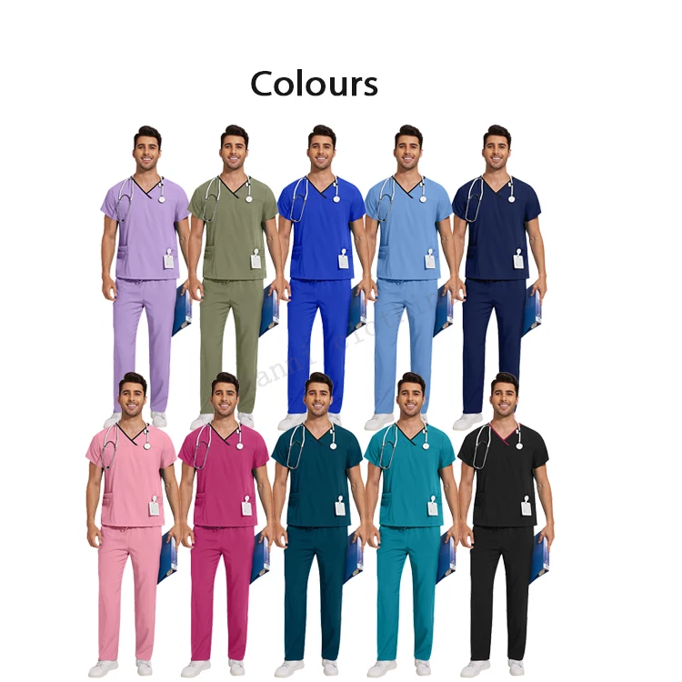 New design v neck unisex medical surgical uniforms set mens workwear stretch working staff uniforms with logo custom