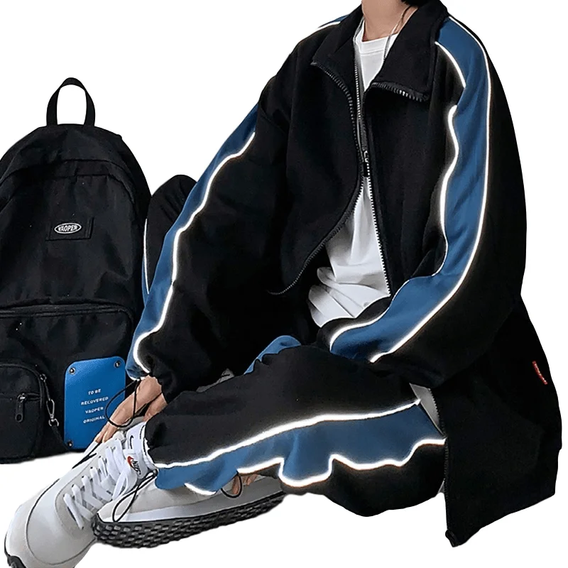 Fashion long sleeve sport wear men tracksuit sweatsuit cotton casual hip hop reflective tracksuit