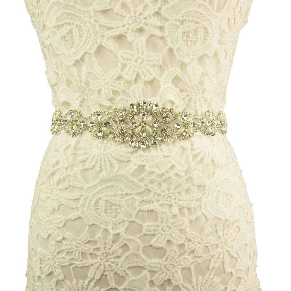 Romantic white pearl and crystal wedding dress sash belt rhinestone trims for women evening dress wedding party