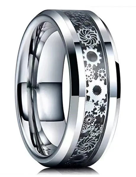 Trendy gothic tungsten carbide rings carbon fiber Stainless Steel finger rings male black metal gear wheel mechanical ring