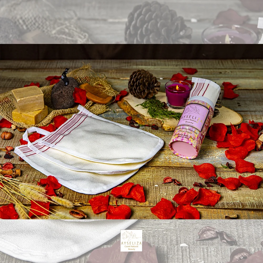 Wholesale Eco-Friendly Moroccan Kessa Bath Gloves Custom White Bag Included Exfoliating Vegan Viscose Body Sponge Brush Back