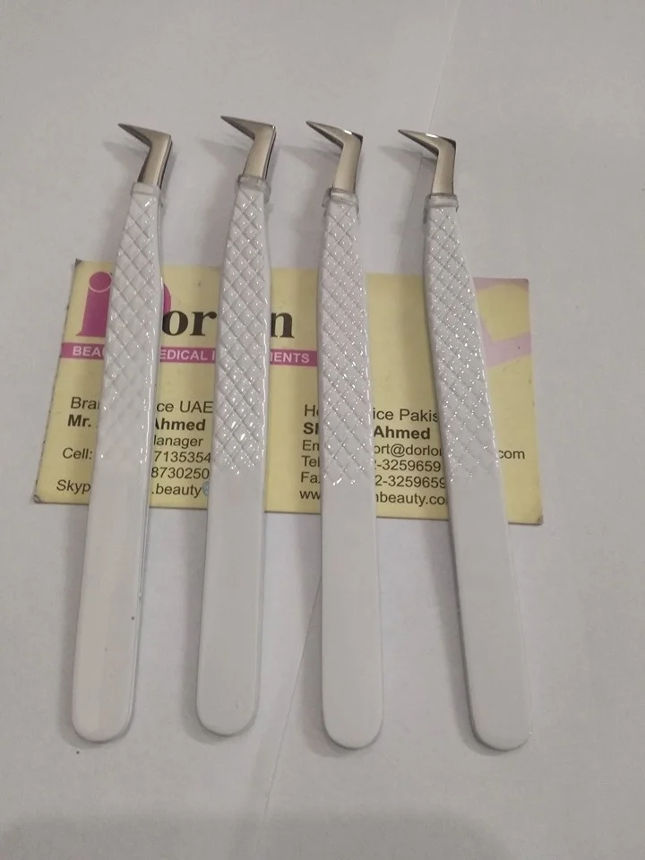 Sustainable 90 Degree Boot-Style Mega Volume Lash Tweezers White Color Coated Curved Professional Lash Extension Private Label