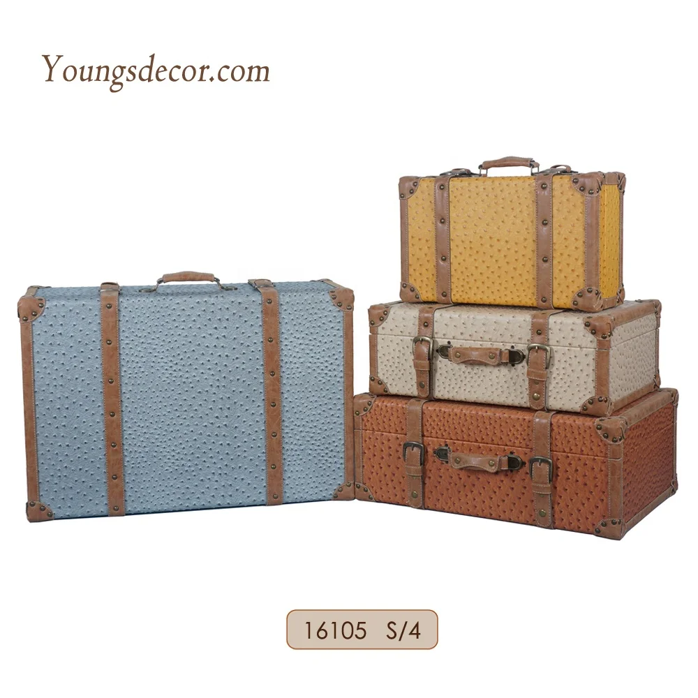 PU Leather Surface Wooden Storage Luggage Suitcase Trunk Sets for Decoration