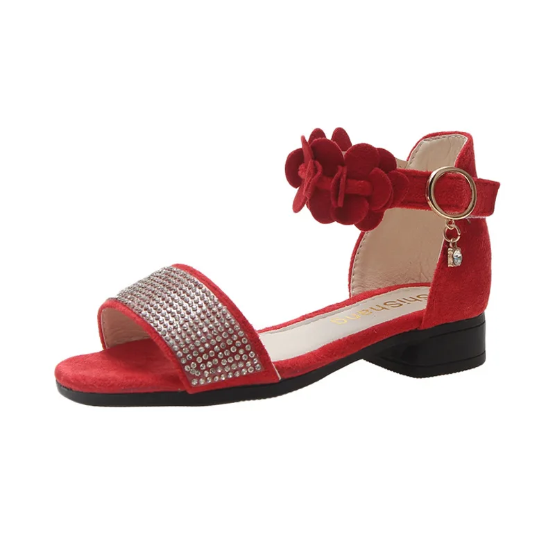 
ankle-wrap red diamond flower big kids fashion princess open-toe low chunky cover heel summer girl footwear suede sandals shoes 