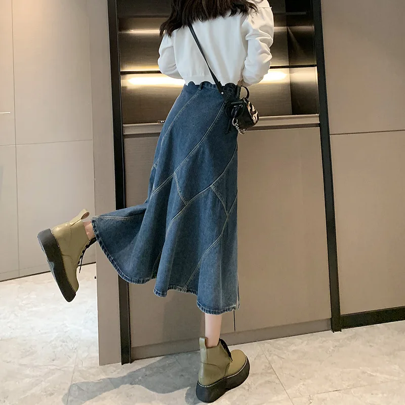 New Design Wholesale Fashionable Plain Dyed Pleated Loose Dresses Big Hem Jeans Denim Skirt Long Skirts For Women