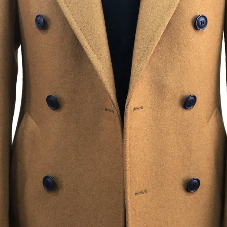 Brown double breasted men long overcoat shawl lapel fashion winter long wool great coat with belt
