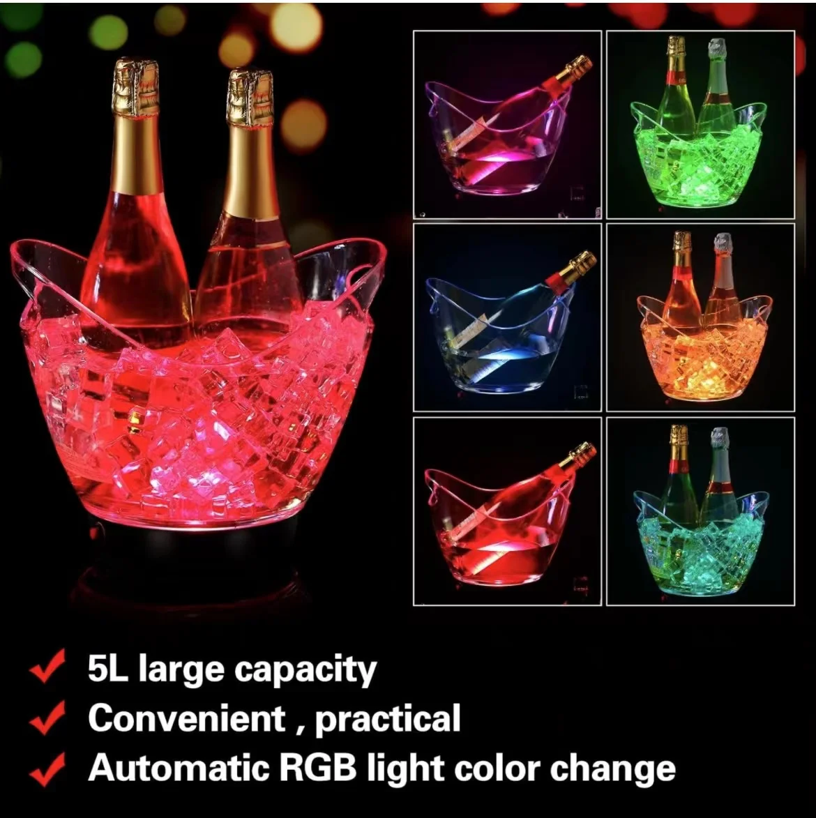 Factory Manufacturer wholesale 5L capacity dry battery colorful transparent custom logo Led Ice Bucket