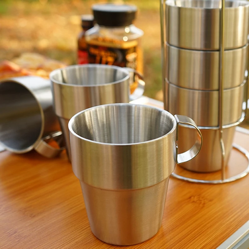 Wholesale Outdoor Picnic Double Layer Stainless Cup Camping Heat Insulation Coffee Insulation Anti-scald Portable Mug Cup Set
