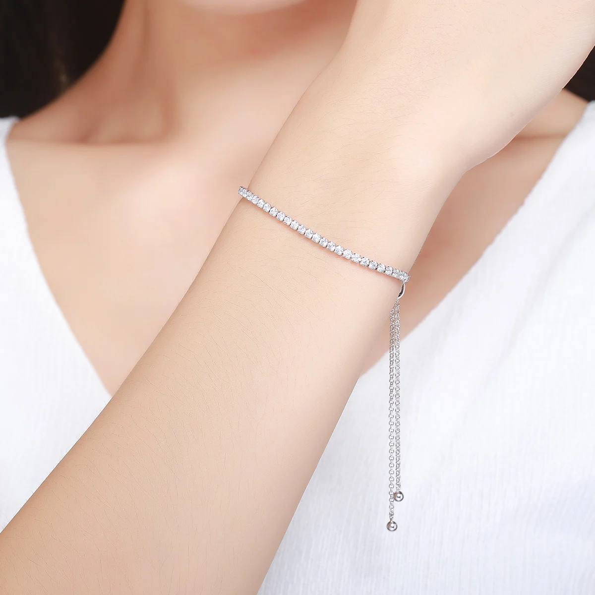925 Sterling Silver Sparkling Strand Bracelet Charm Silver Jewelry Women Link Adjustable Bracelet