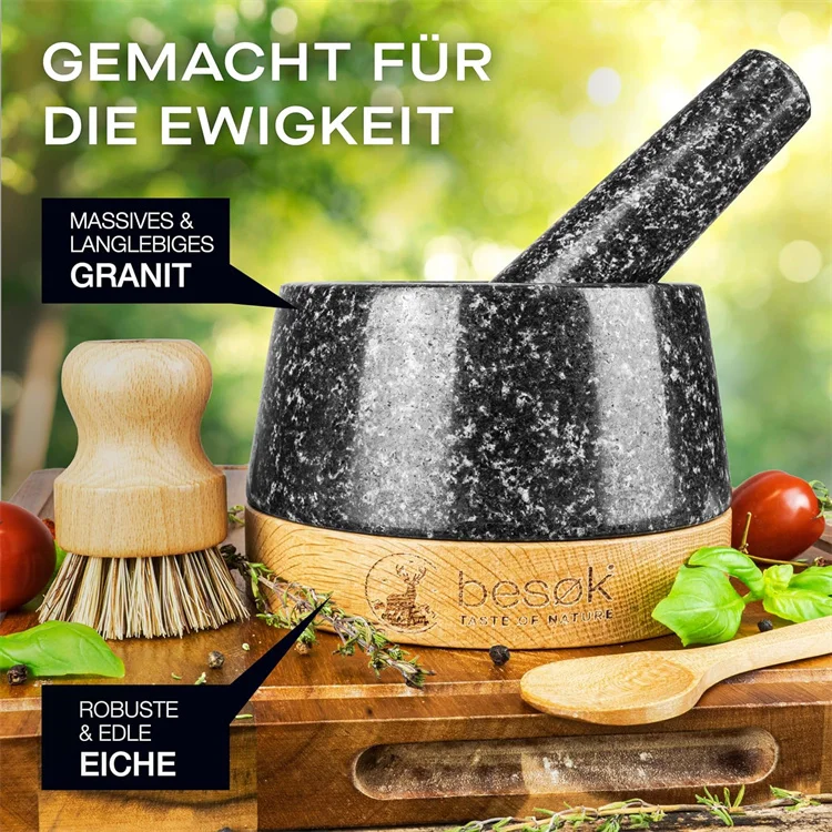 Natural Granite Mortar and Pestle set with oak wood base