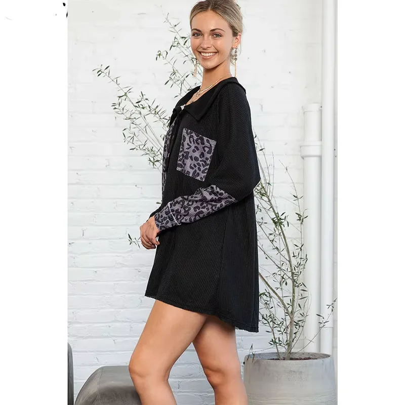 Wholesale New Arrival Oem Leopard Patchwork Waffle Knit Buttoned Split Hem Ribbed Luxury Oversize Sweater Womens