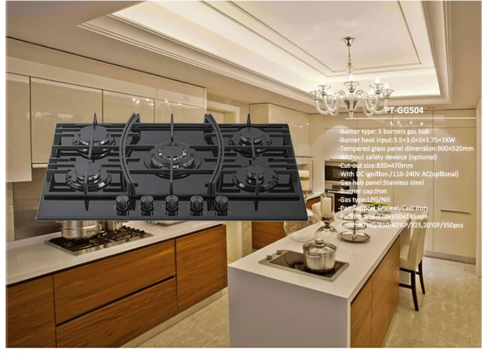 Household 5 burners tempering glass built-in gas hob natural gas kitchen stove cast Iron liquefied petroleum lpg cooktop