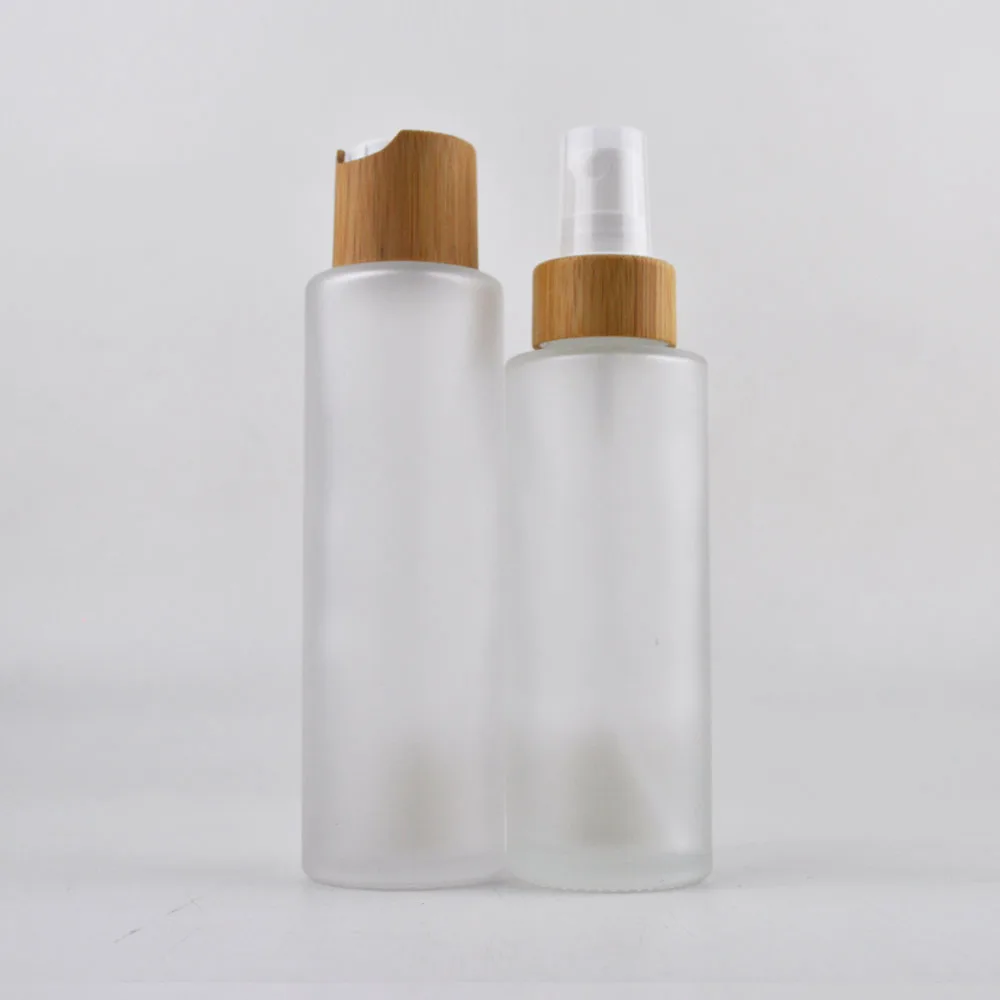 super March free sample 30ml 50ml 100ml 120ml 150ml clear frosted flat shoulder lotion pump glass oil bottle with bamboo cap