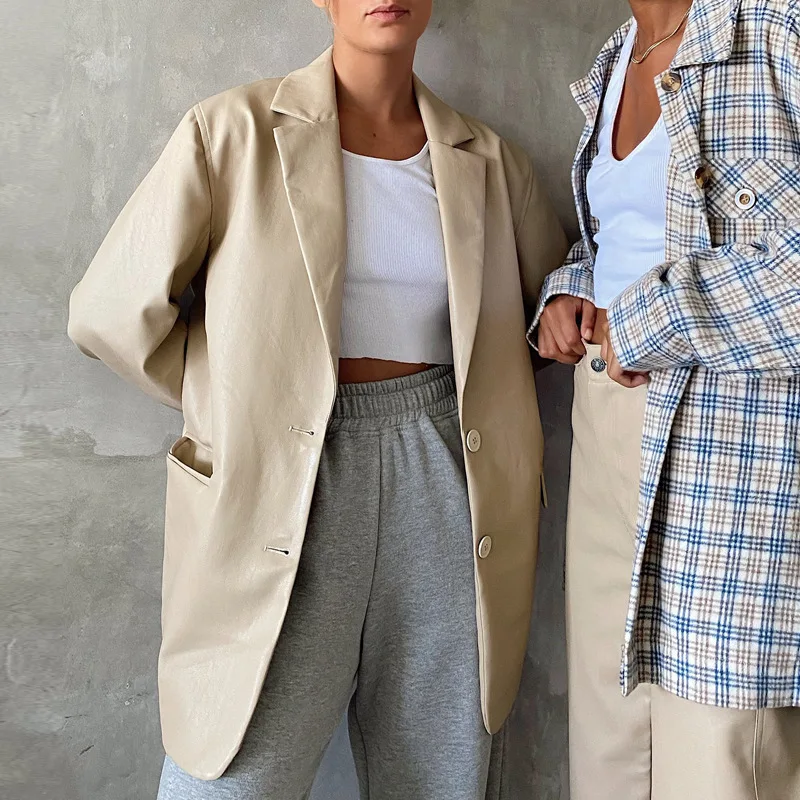Women Clothing Classy Coats Single Breasted Pu Leather Blazers Jacket Women Plus Size Oversize Coat