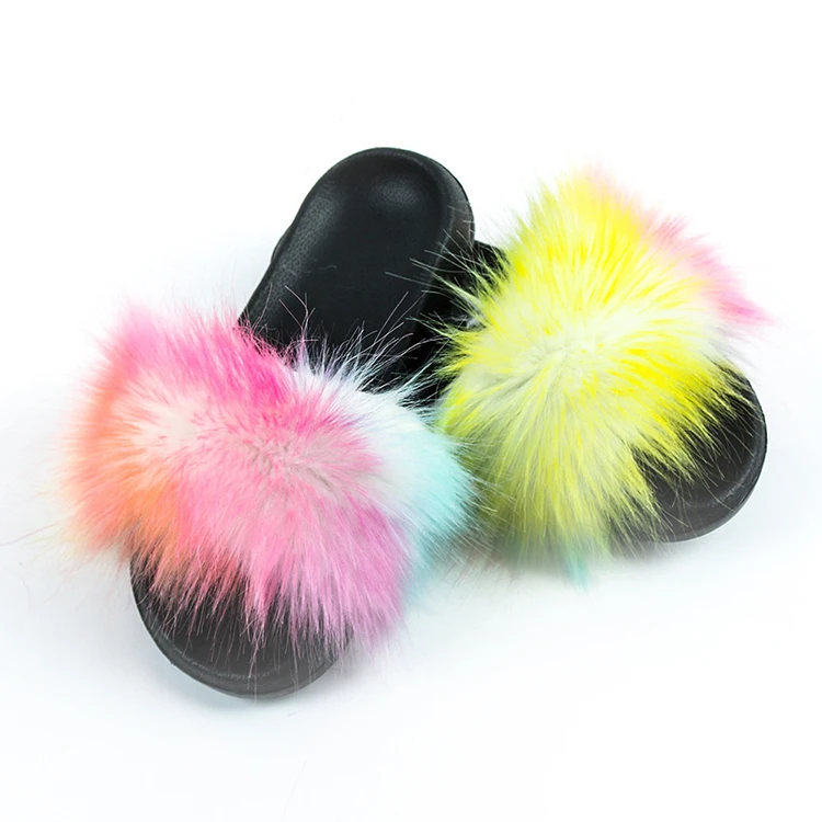 New Slipper Flat Fur Slides Black White Fashion Casual Comfortable Thick Bottom Fox Fur Slippers for Women