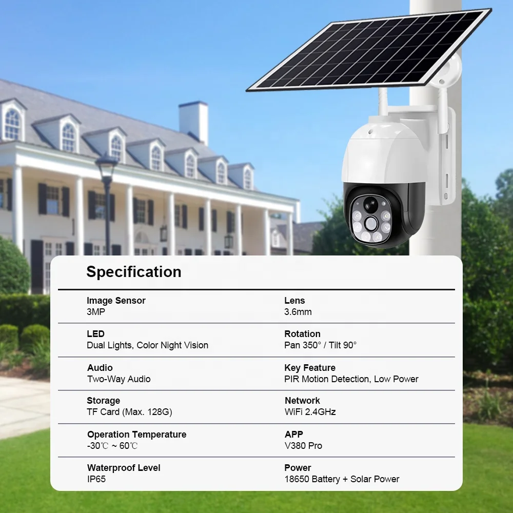 V380 Pro Two-way Audio 3MP outdoor Wireless Solar WiFi Security Camera with Solar Battery Powered for Home Surveillance