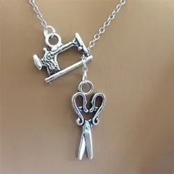 Sewing Machine Scissors Necklaces Pendant For Women Vintage Silver Thread Spool Charms Collar Statement Choker Necklaces Jewelry