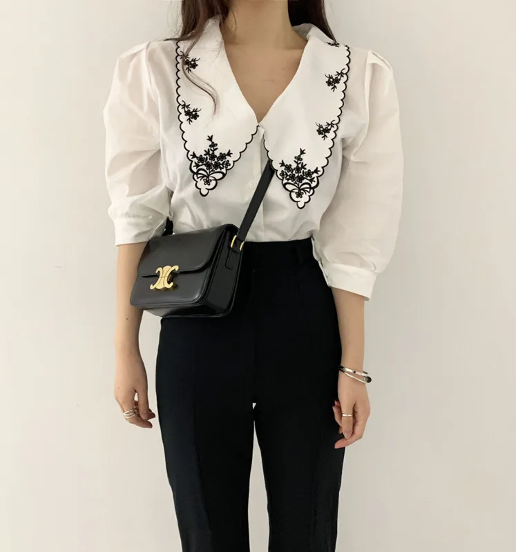 CS203 Korean Fashion Vintage Color Block Sweet Turn Down Collar Embroidery Blouse Women Stylish Blusas Tops