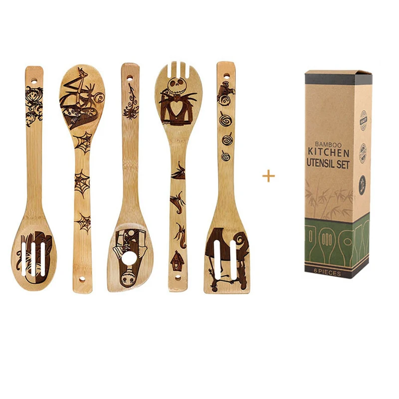 Wholesale Flat Large Long Handle Kitchen Tool Utensils Scraper Slotted Spatula Serving Pot Bamboo Spoon Set For Cooking