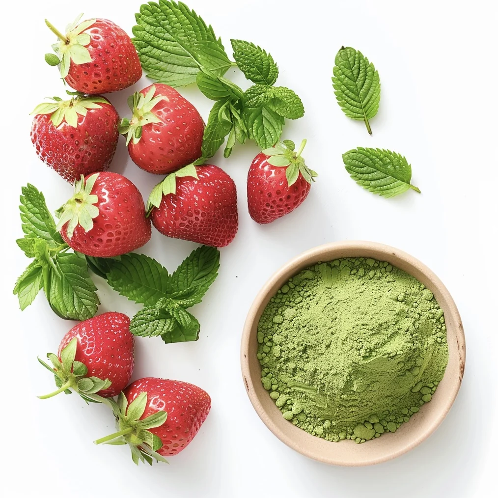 Оптовая продажа органический пищевой порошок клубничный ароматизированный зеленый матча