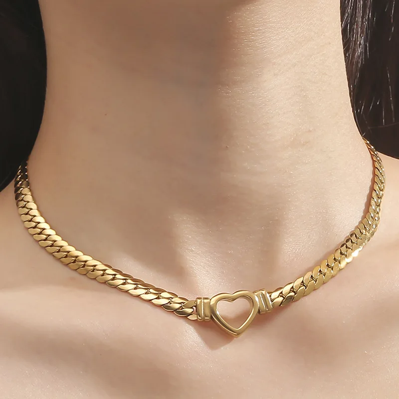 Hos Selling Fashion 18K Gold Plated Stainless Steel Chunky Cuban Heart Choker Chain Necklace For Women Gift