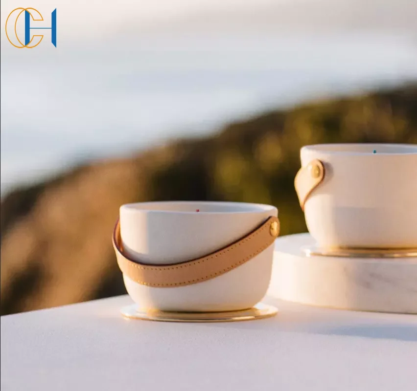 C&H New Design Luxury Private Label Leather Handle Candle Holders White Ceramic Porcelain Candle Jars for Candle Making